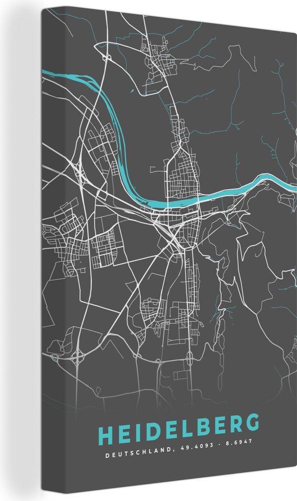OneMillionCanvasses - Leinwandbilder - 90x140 cm, Heidelberg - Stadtplan - Blau - Karte - Deutschland, Wandbilder Kunstdruck Wanddekoration - Fot...