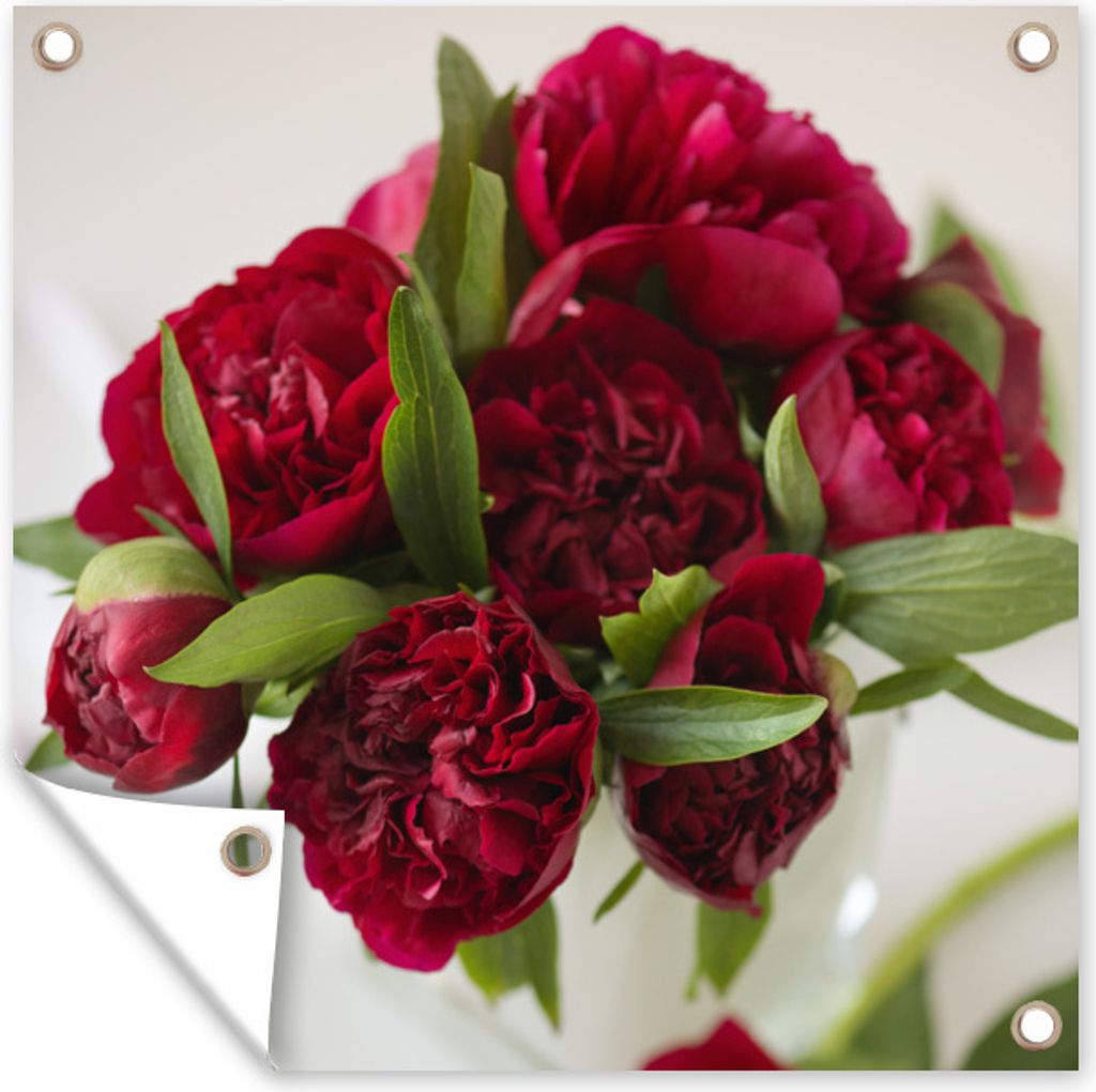 MuchoWow 100x100 cm Outdoor-Poster Gartendeko Sichtschutz Garten Poster für den Garten Ein Strauß roter Pfingstrosen in einer Vase