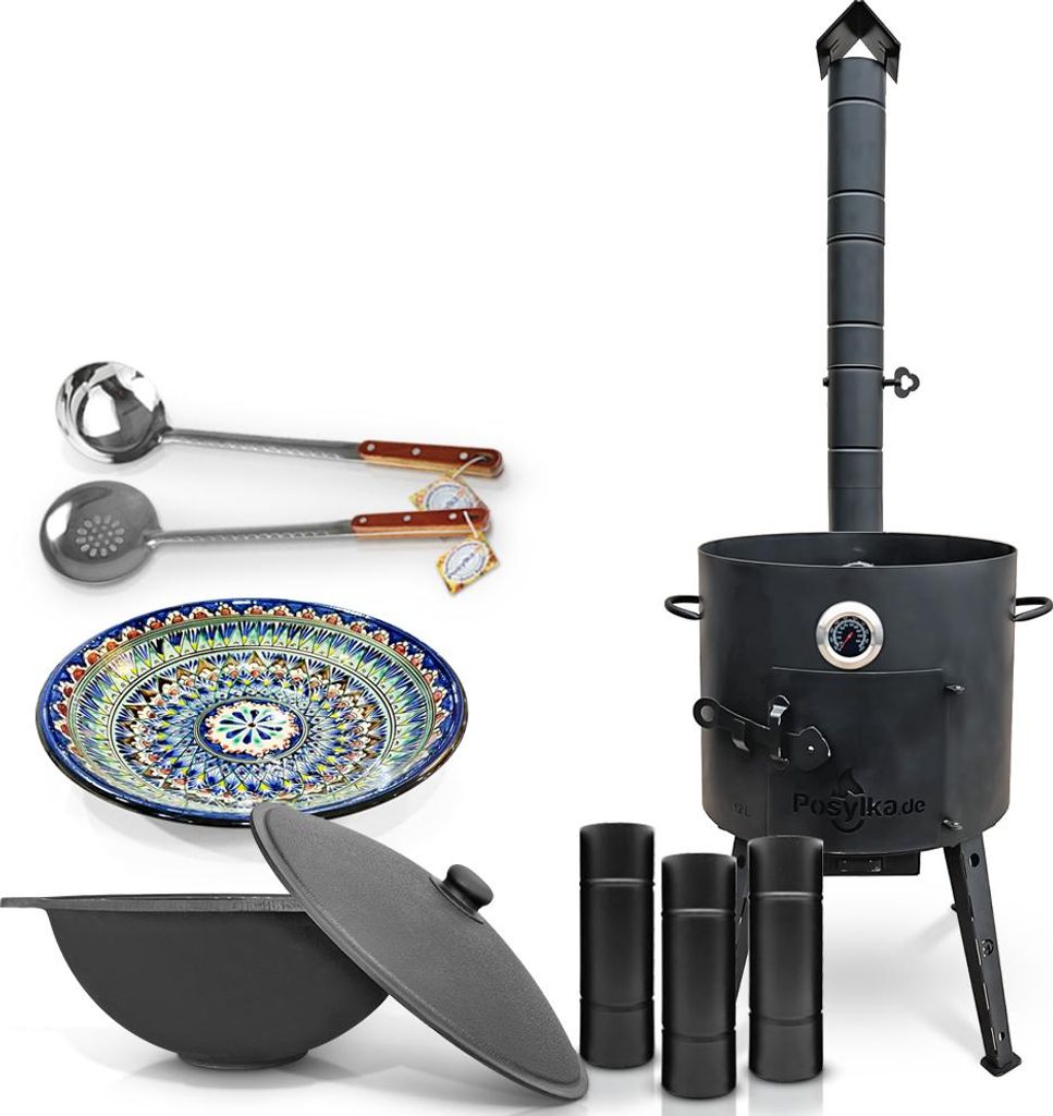 Feuerofen Ø 40 cm 2 mm mit Thermometer und Lagan Usbekische Kazan 12 L Verlängerungsrohr Schaumlöffel für Plov Schöpfkelle Utschak Uchag Ка...