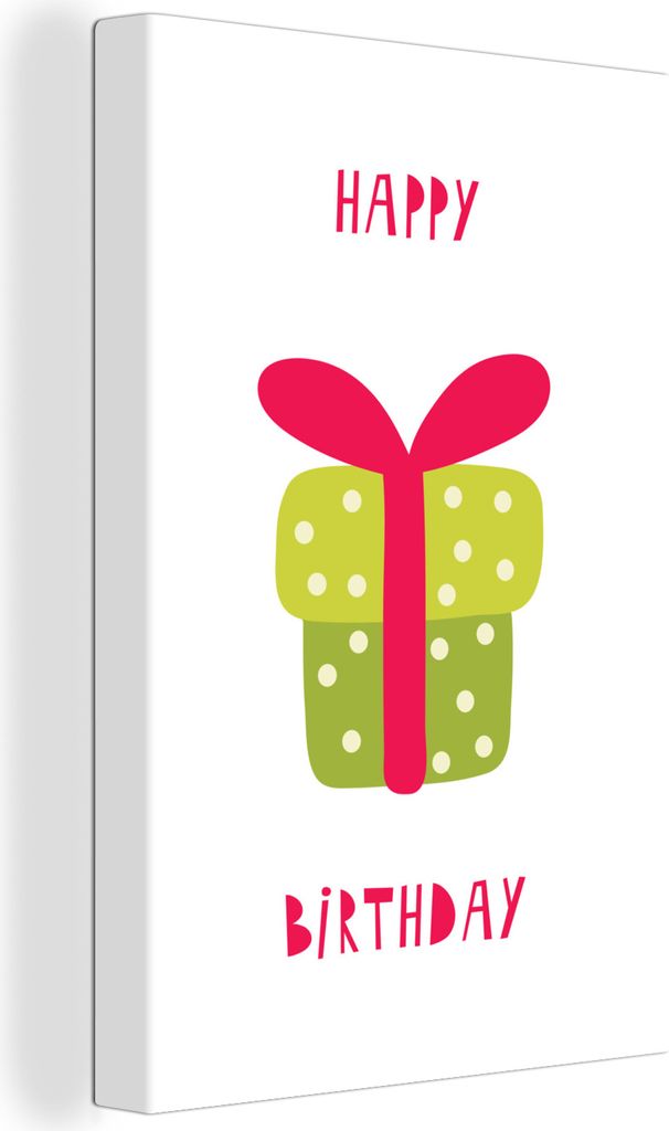 OneMillionCanvasses - Leinwandbilder - 90x140 cm, Illustration mit dem Zitat "Happy Birthday" und einem grünen Geschenk, Wandbilder Kunstdruck W...