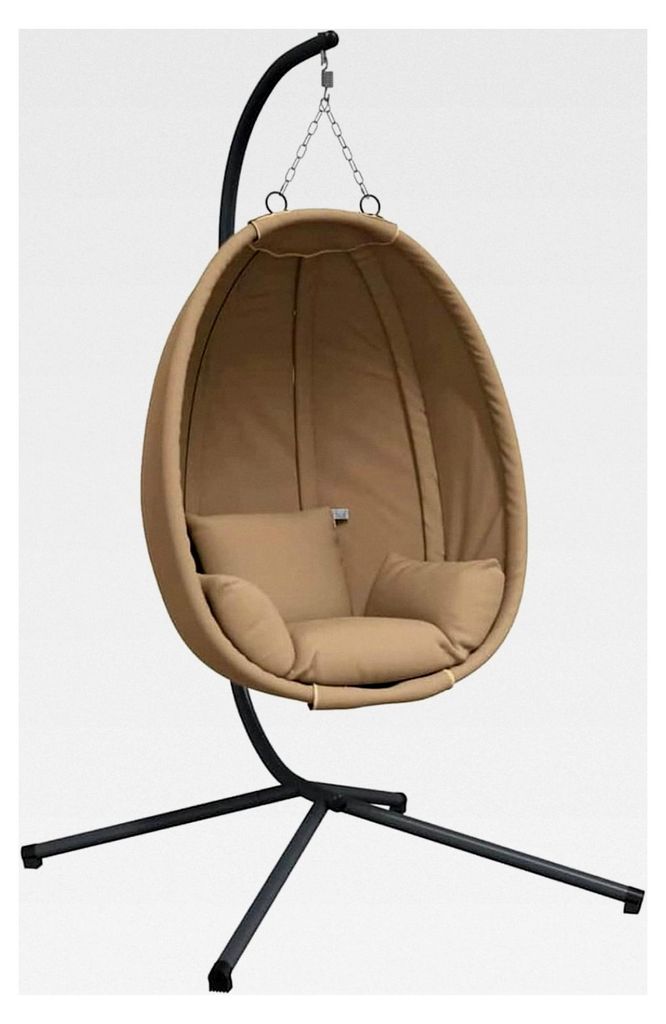 Hängesessel im Ei-Design mit Ständer in Taupe aus Rattan und Stahl