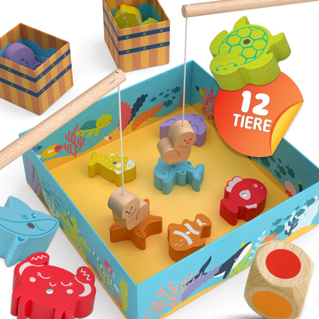 MERLE TOYS Angelspiel ab 2 Jahre, 100% Buche, Angelspiel Holz, Angelspiel Magnetisch, Angelspielzeug, Angelspiel für Kinder, Angel Spiel Kinder