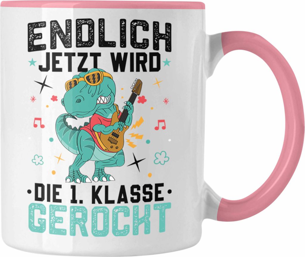 Trendation - Erste Klasse Wird Gerockt Tasse Geschenk zur Einschulung Dinosaurer Jungs Jungen Geschenkidee (Rosa)