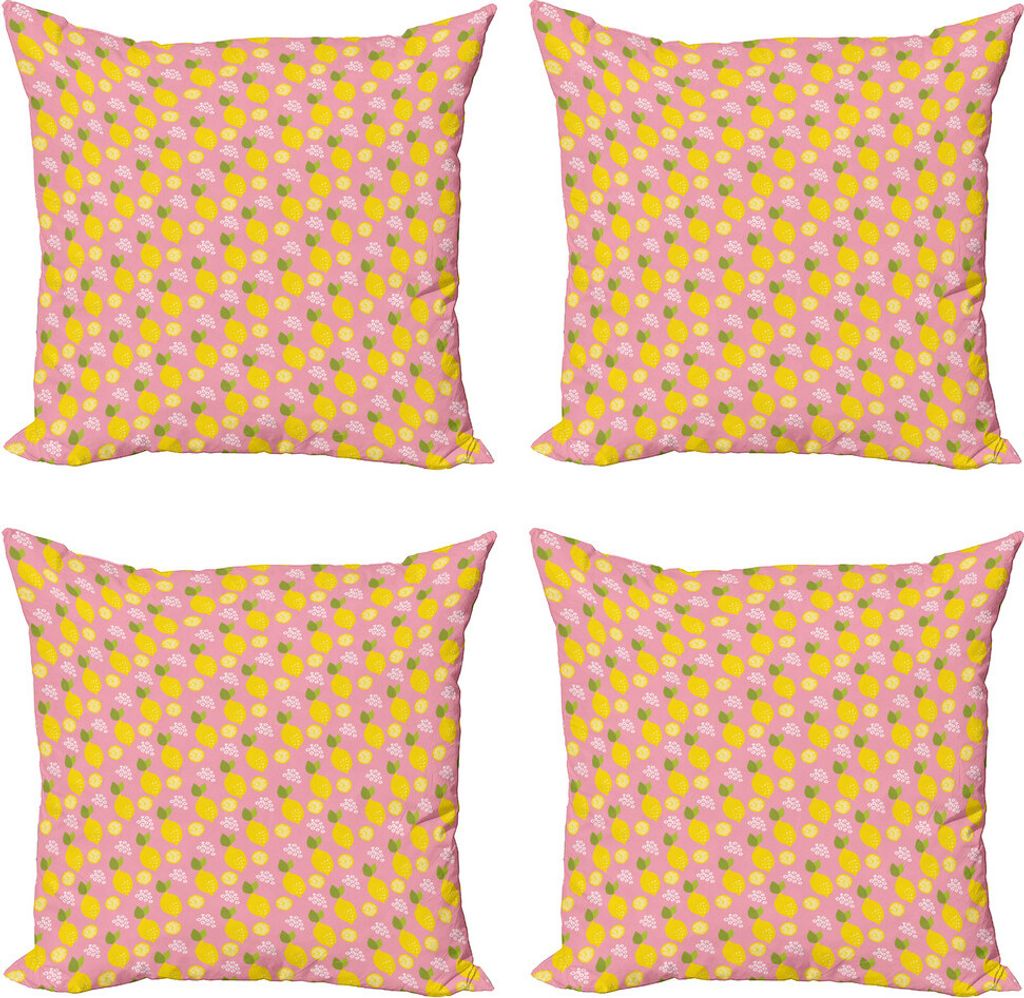ABAKUHAUS Zitronen Kissenbezug Set (4 Stück), Citrus Blätter Cartoon, Moderner Doppelseitiger Digitaldruck, 60 cm x 60 cm, Gelb Grün Hellrosa