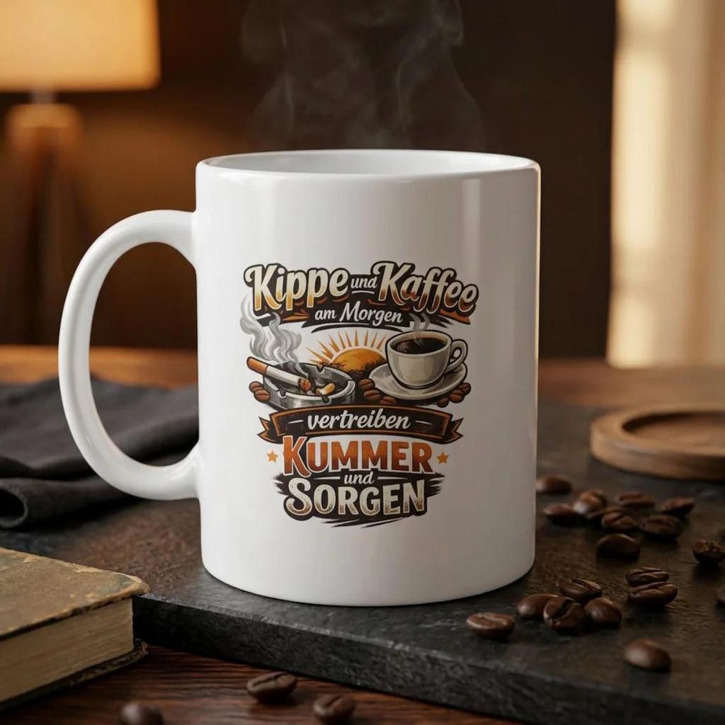 Kippe und Kaffee Lustiger Spruch Tasse 335ml, Keramik Kaffeetasse mit beidseitigem Design, Fan-Geschenk für Sammler