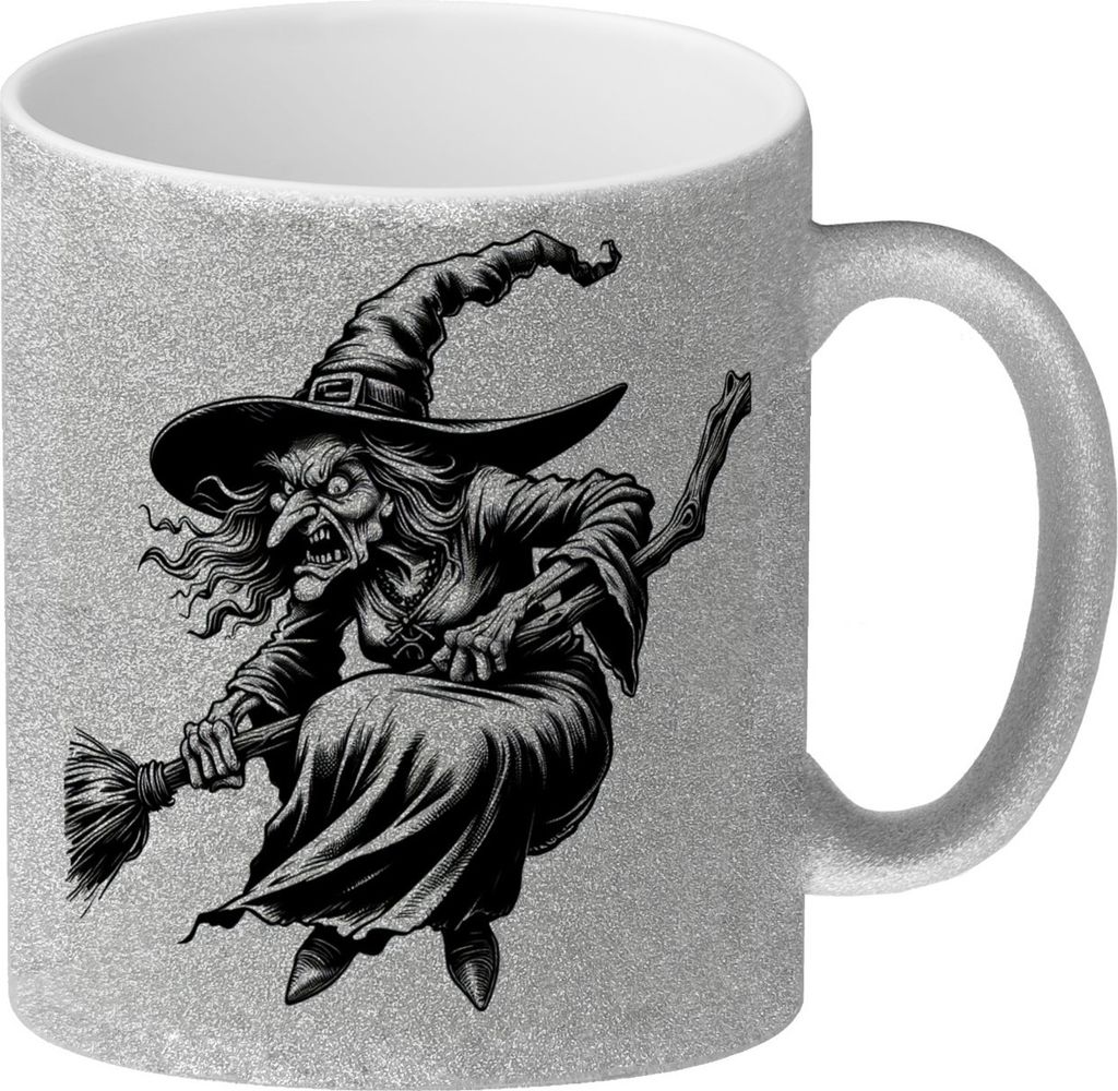 Böse Hexe auf Besen Glitzer-Kaffeebecher