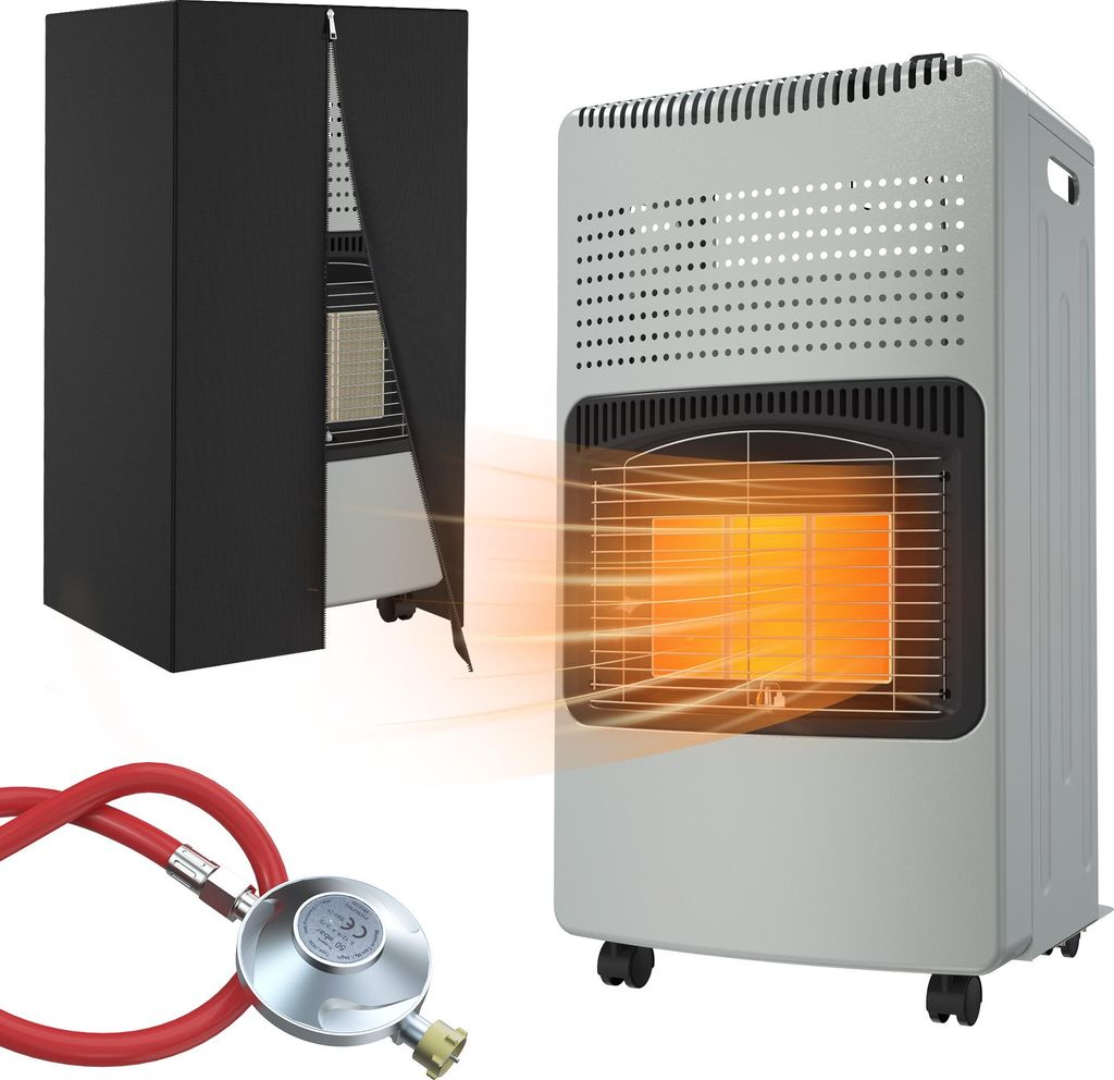 YUENFONG Gasheizung 4200 Watt Heizgerät Gasheizgerät Gasheizer Keramikgasofen inkl. Gasschlauch 3 Heizstufen Keramikbrenner Gasofen für Innen, Grau