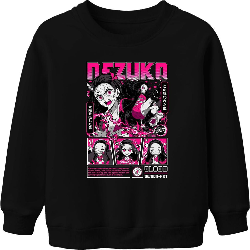 Demon Slayer Nezuko Dämon Blut Anime Geschenk Japan Y2K Streetwear Halloween Uni Kinder Sweatshirt Pullover, Schwarz, 152