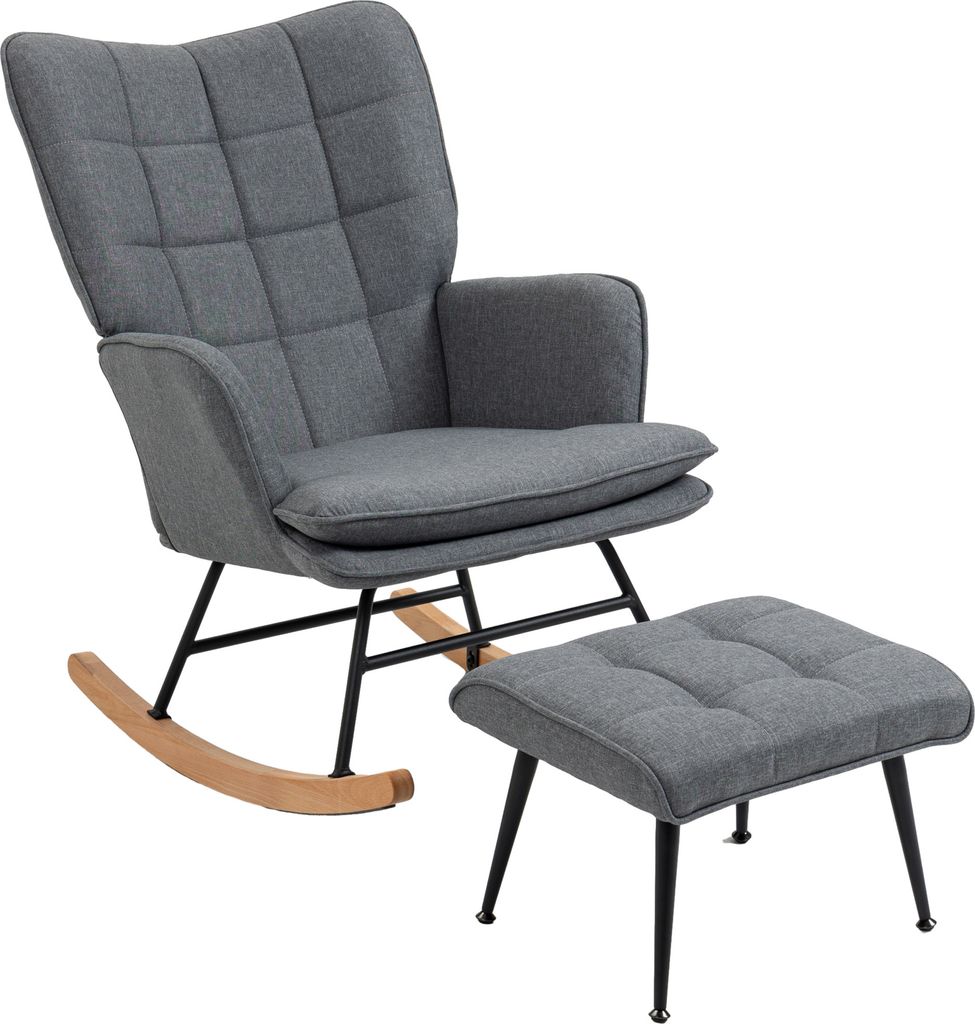 HOMCOM Schaukelstuhl Schwingsessel mit Hocker, Armlehnsessel, Stillsessel mit Leinenoptik, Schaukelsessel bis 130 kg Belastbarkeit, Grau