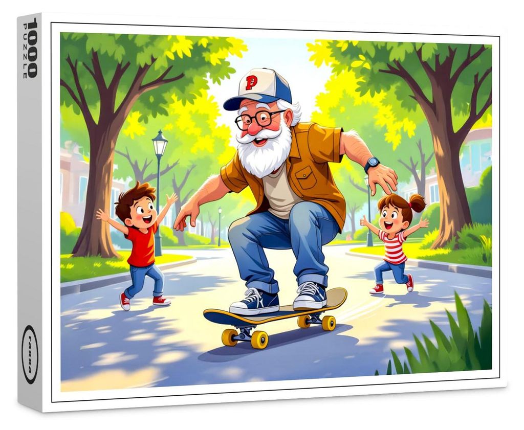 raxxa Premium-Puzzle "Grandpa practicing skateboarding with grandson watching", 1000 Teile