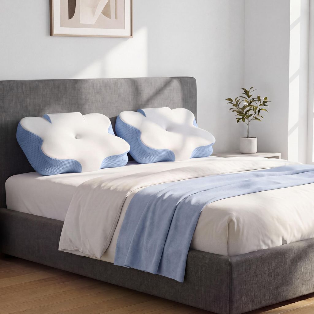 SONGMICS Kopfkissen, Kissen ergonomisch, Nackenkissen kühlend, höhenverstellbar, Memory Foam Kissen, weiß-blau