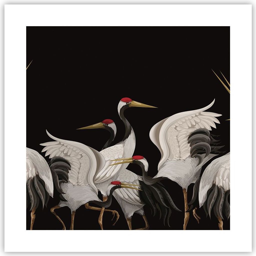 Poster - Poster ohne Rahmen - Kraniche Vögel Grafiken - 40x40 cm - Wand Bild - Wanddeko - Wandbilder - Kunstposter - Wandposter - Bilder - Kunstdr...
