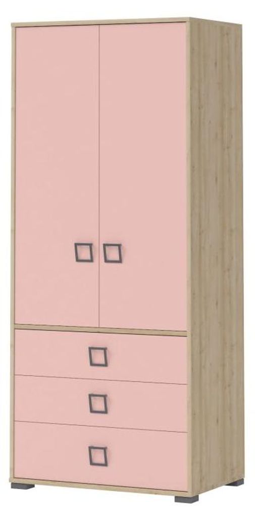 Kinderzimmer - Drehtürenschrank / Kleiderschrank Benjamin 13, Farbe: Buche / Rosa - 198 x 84 x 56 cm (H x B x T)