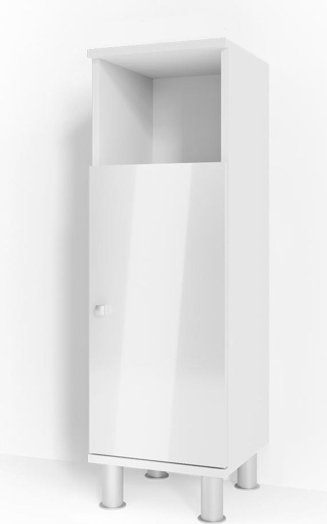 A white, high-gloss cabinet with a single door and an open shelf at the top, standing on four silver legs against a white wall.