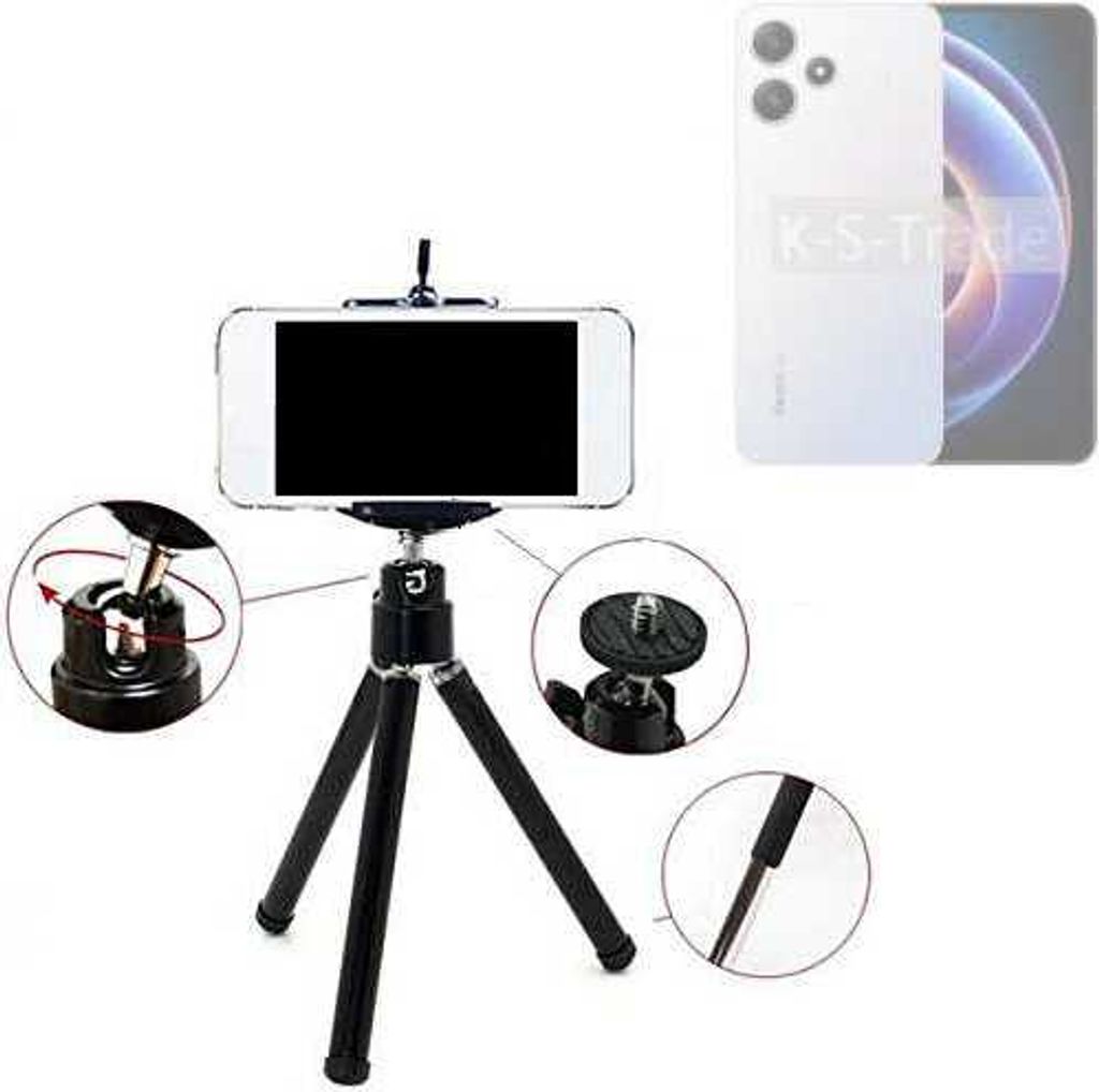 K-S-Trade Smartphone Stativ Dreibein kompatibel mit Xiaomi Redmi Note 12R Tripod aus Aluminium Klemmstativ Stativ Adapter für Mobiltelefone schwarz