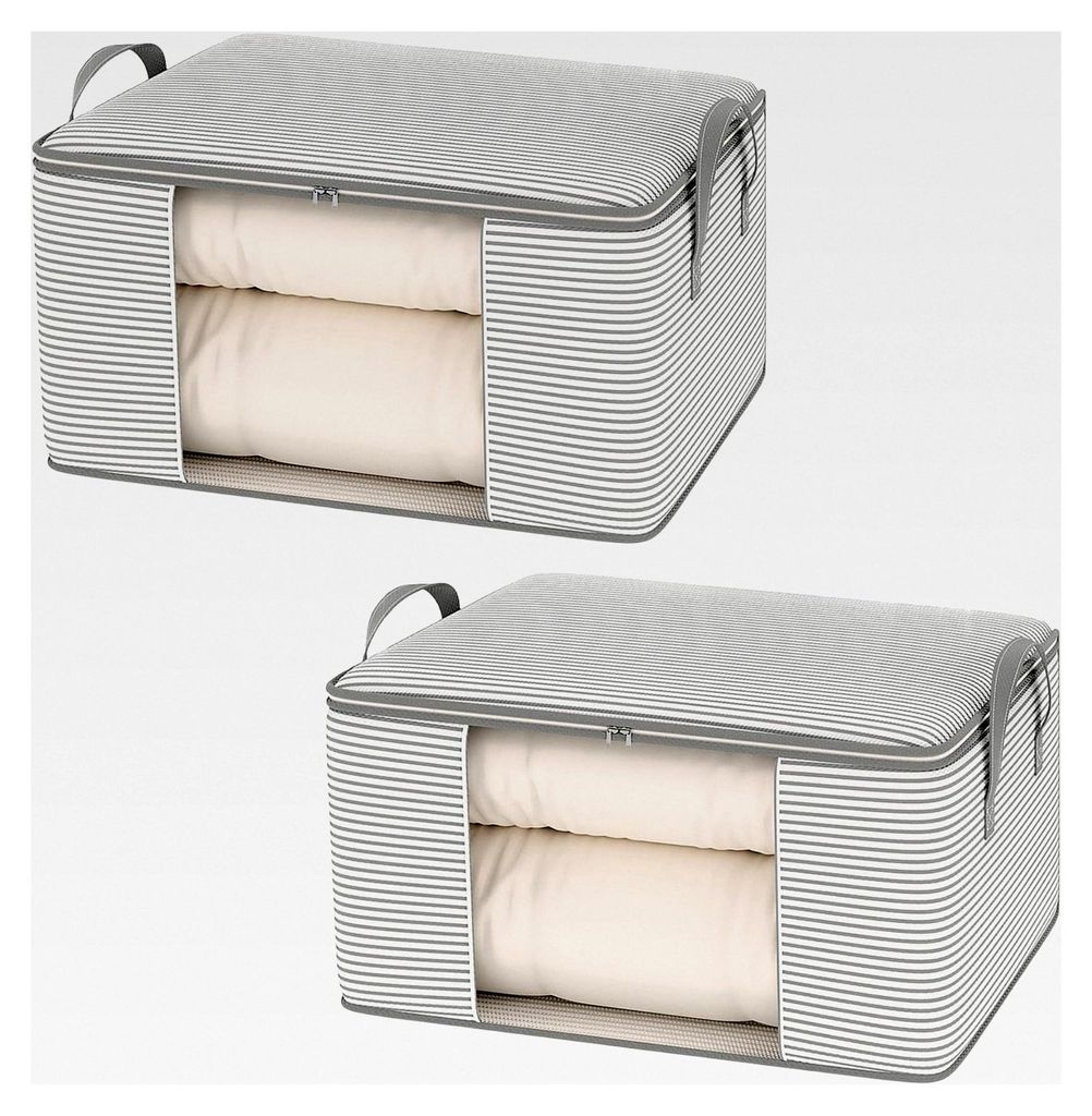 2 Stück Aufbewahrungstasche mit Deckel und Klarsichtfenster, Kleiderschrank Organizer für Kleidung und Bettdecken 60 x 40 x 30 cm (Graue Streifen)