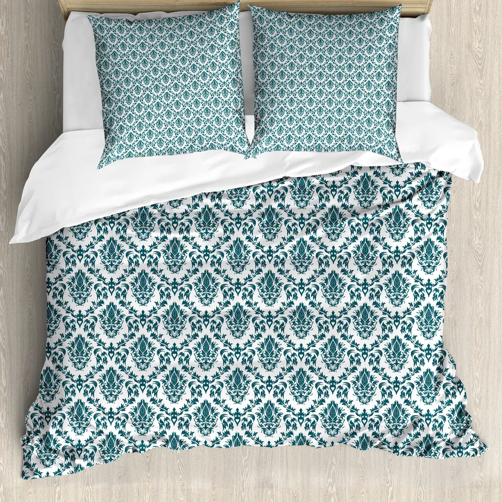 ABAKUHAUS Copripiumino in damasco, Baroque Vintage Boho, antiacaro e anallergico, con federe, 155 cm x 220 cm - 80 x 80 cm, verde bianco
