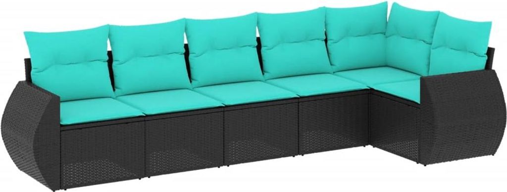 6-teiliges Gartensofa-Set mit Kissen, schwarzes Polyrattan