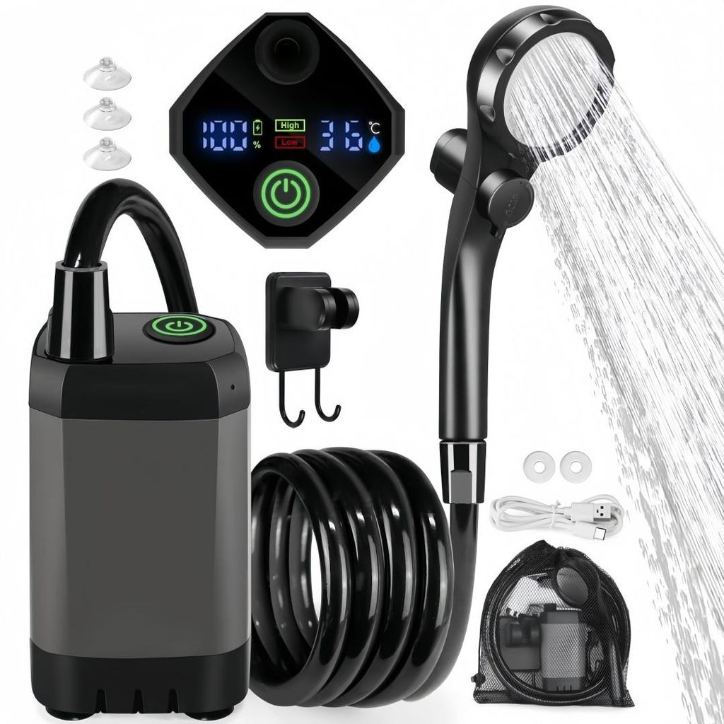 Campingdusche mit 6000mAh & Digitalanzeige, 2 Modi, einstellbarer Duschkopf, IPX7 wasserdicht – ideal für Outdoor, Haustier, Garten & Notfall