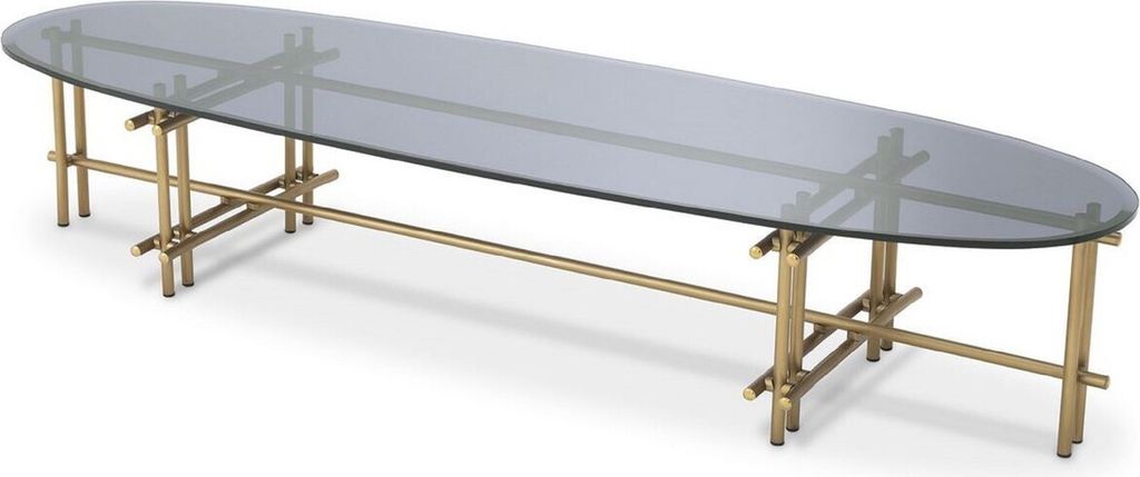 Casa Padrino Luxus Couchtisch Messingfarben / Grau 159 x 50 x H. 30 cm - Edelstahl Wohnzimmertisch mit Glasplatte - Wohnzimmer Möbel - Luxus Quali...