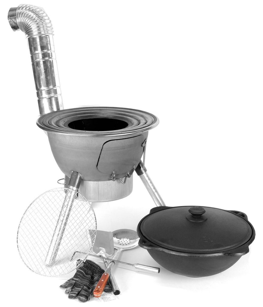 Utschak Set mit 8L Gusseisen Kazan mit Aludeckel, Ofen mit Rauchrohr, Adapterringen, Grillrost, Schaumlöffel, Schaufel, Feuerhaken & Handschuhen ...