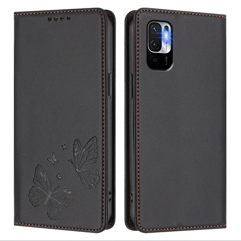 Lederhülle für Xiaomi Poco M3 Pro/ Redmi Note 10 5G, Schmetterling Prägung Leder Brieftasche Schutzhülle mit Ständer Schwarz