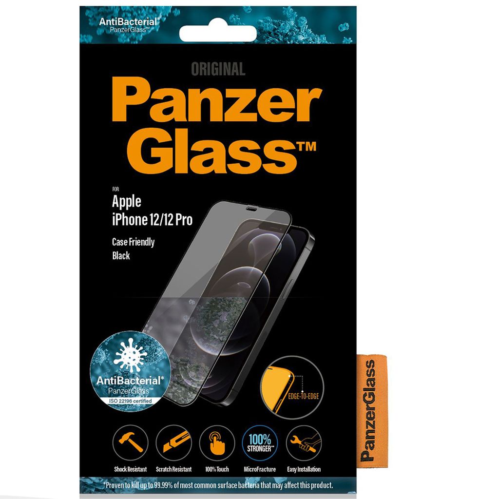 The image shows the retail packaging for a PanzerGlass screen protector for an iPhone 12/12 Pro.