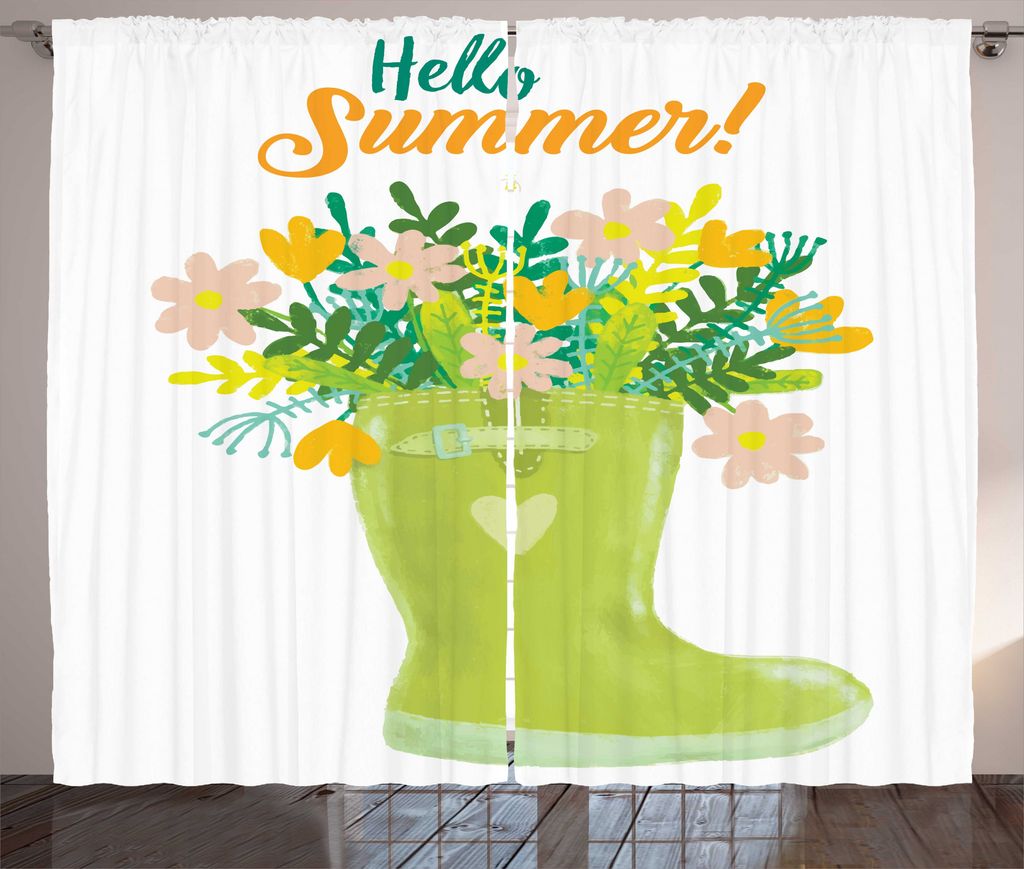 ABAKUHAUS Hallo Sommer Rustikaler Gardine, Grünton Garten Stiefel, Schlafzimmer Kräuselband Vorhang mit Schlaufen und Haken, 280 x 225 cm, Mehrfa...