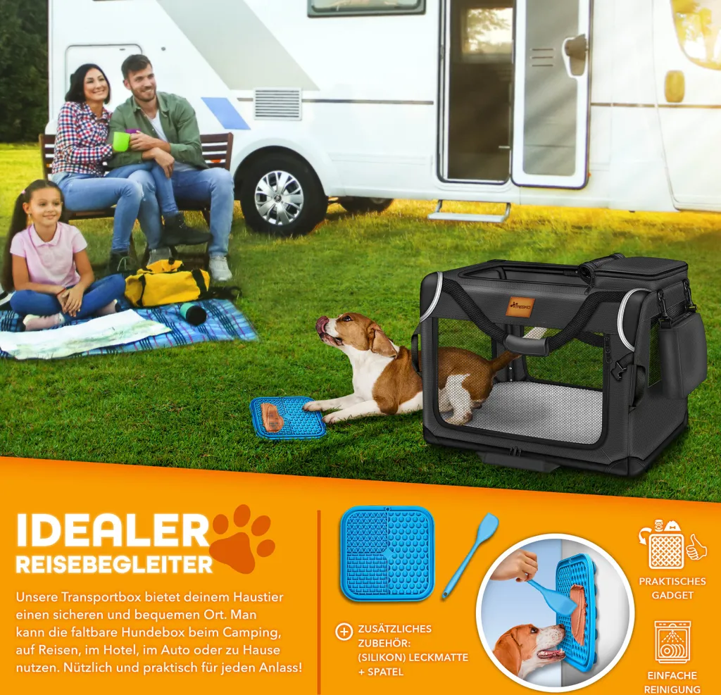 TRESKO® cassa per cani pieghevole nera (XXL 92x63x63cm) incl. tappetino per leccare, spatola e catarifrangenti | box di trasporto per cani e gatti | box di trasporto per cani di piccola e grande taglia | robusta borsa per cani - 7