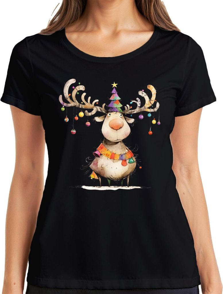 Rentier Weihnachten Geweih Christbaumkugel Lustig Kinder Bunt Damen T-Shirt, Schwarz, XXL