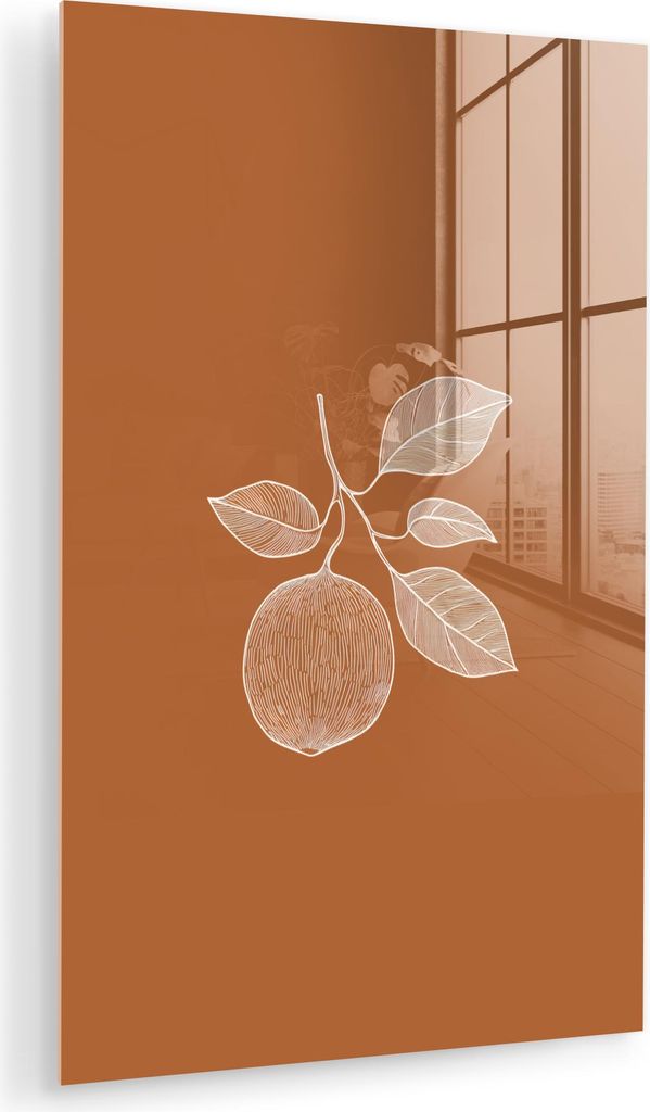 MuchoWow Glasbilder - Bilder auf Wandbild - Foto auf Glas Orange - Gezeichnet - Blätter - Braun 60x90 cm Wanddekoration aus Glas - Acrylglasbild -...