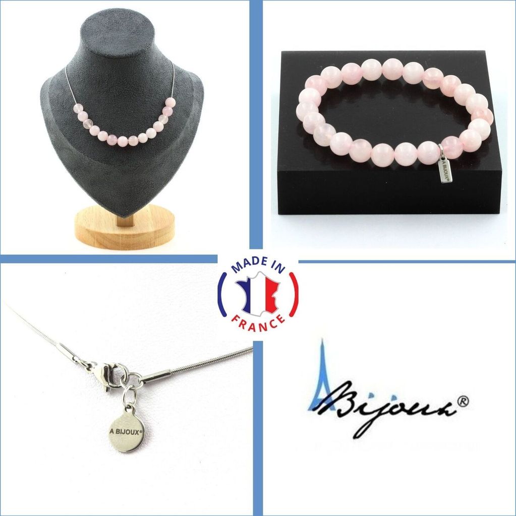 Schmuckset Armband Halskette 15 Perlen Rosenquarz 8 mm Edelstahlkette