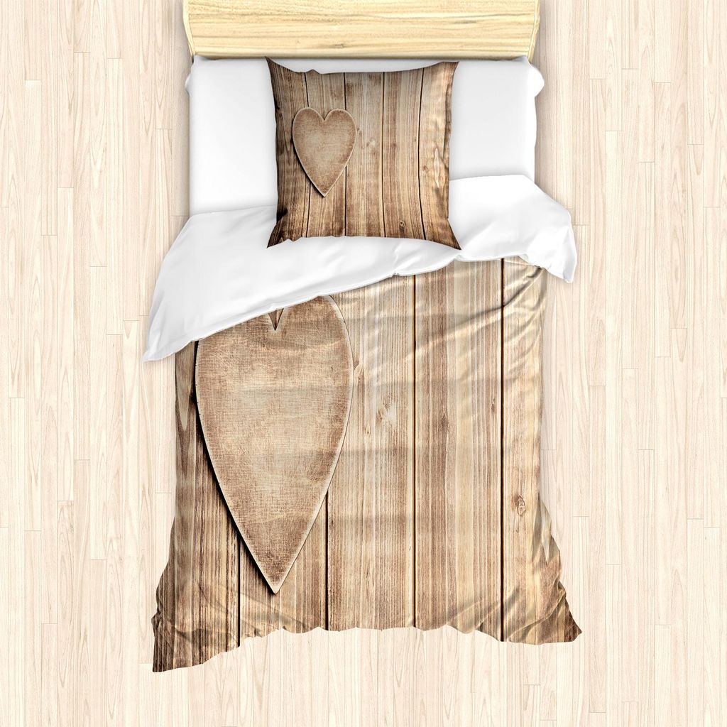 ABAKUHAUS Valentinstag Bettbezug Set, Rustikal Herz Über Hölzernen Planken Herkunft Liebhaber Ecken Romantisch Feier Druck, 135 x 200 cm + 80 x 8...