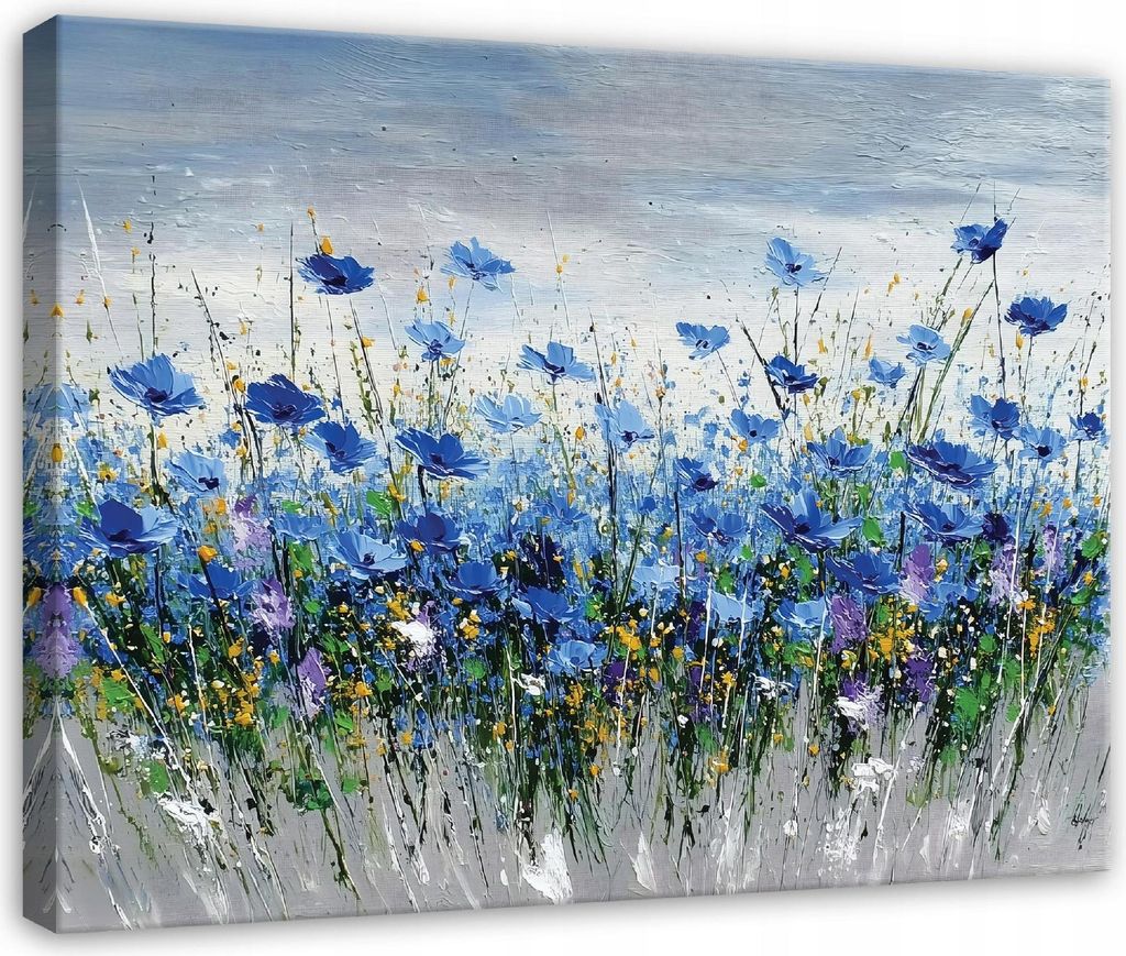 Leinwandbild Blumen Aquarell Wiese - 60x40 cm - Wandbilder Wohnzimmer Schlafzimmer - Leinwand Leinwandbild Blau - PP16010O4