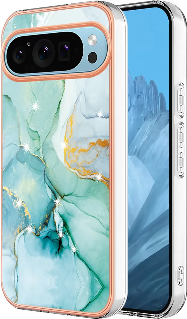 Custodia per Google Pixel 9 Pro, sottile marmo antiurto morbido TPU paraurti verde