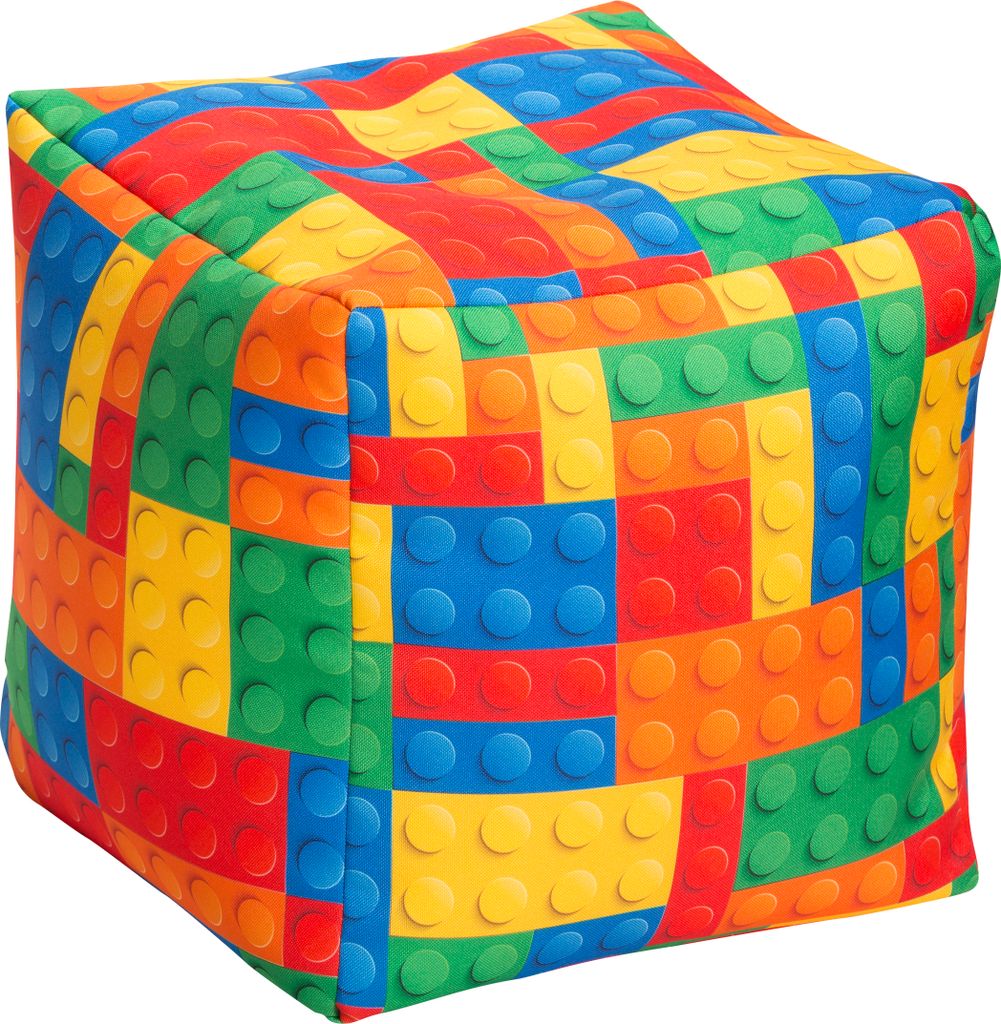A single cube-shaped ottoman with a pattern resembling colorful building blocks.