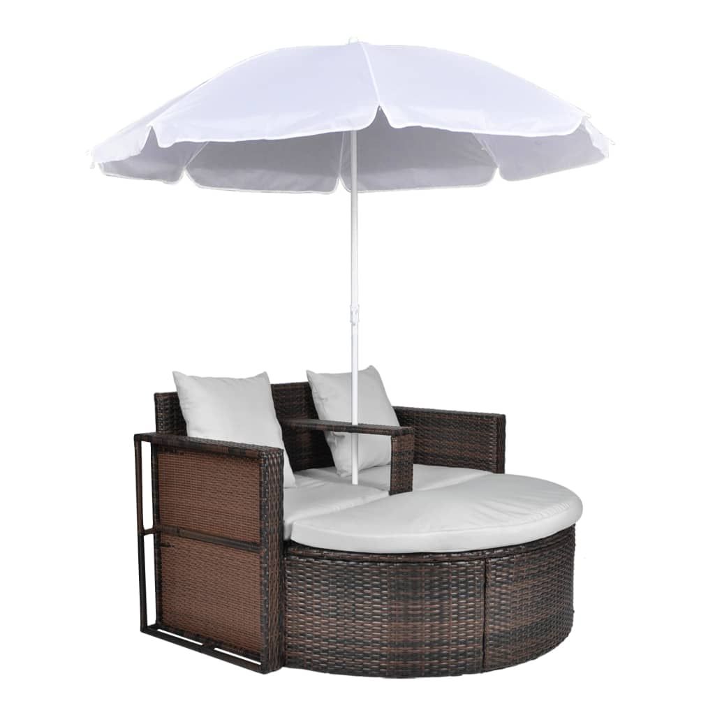vidaXL Gartenbett mit Sonnenschirm Braun Poly Rattan Produktbild 