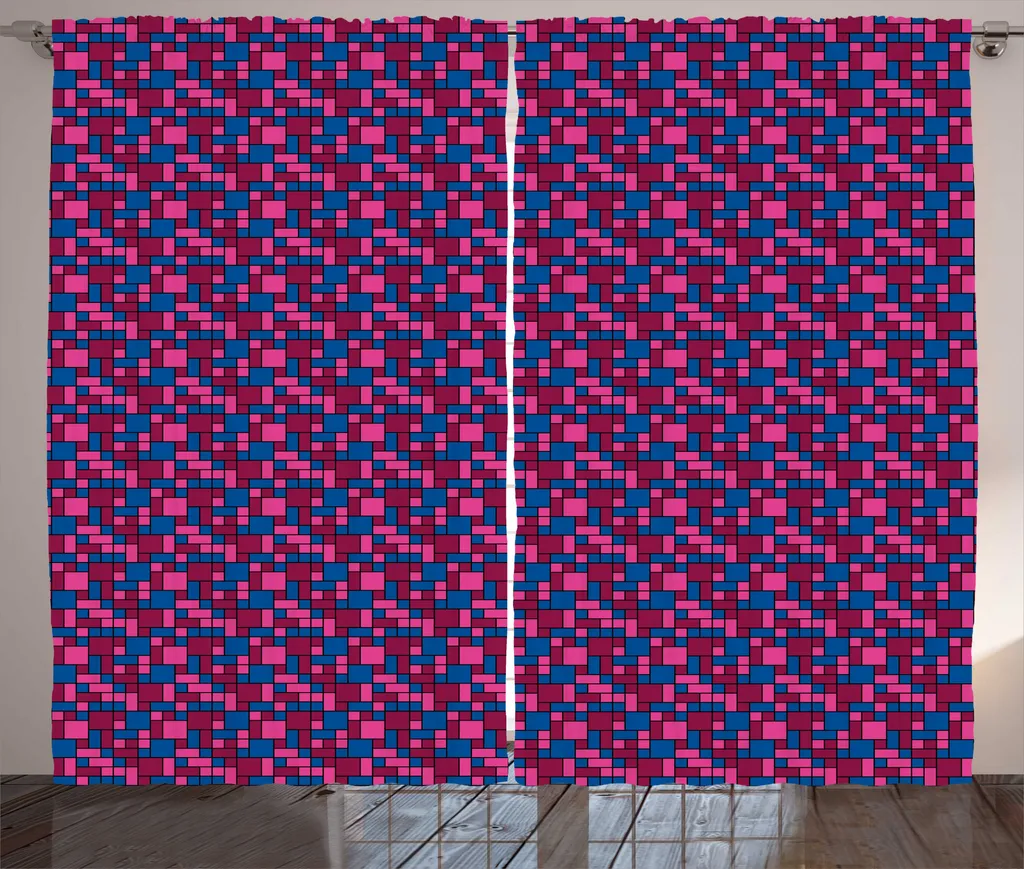 Rideau de Salon Géométrique Universel avec Crochets - 280 x 225 cm Bleu