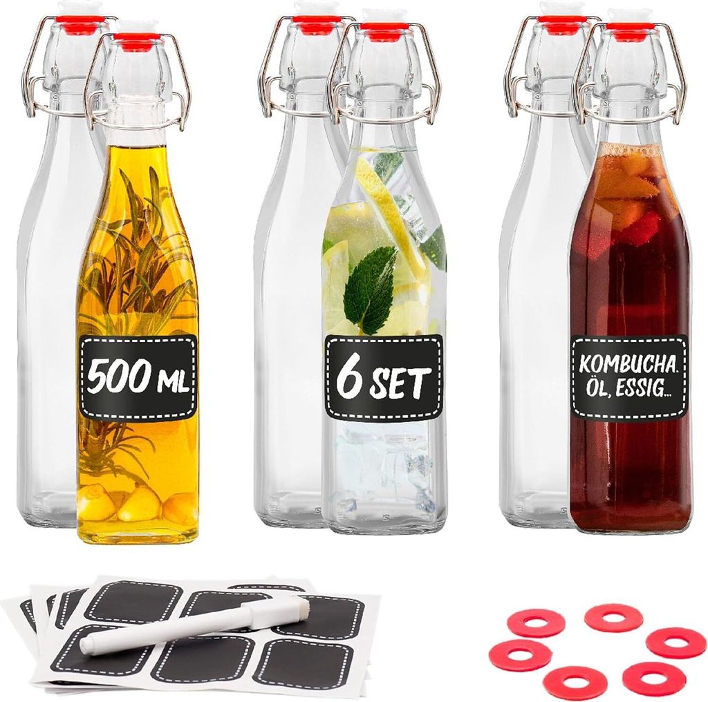 Praknu 6er Set Glasflaschen 500ml Bügelverschluss Eckig - Bügelflaschen Zum Befüllen - inkl 6 Extra Dichtungen & 6 Etiketten mit Stift - Glasfla...