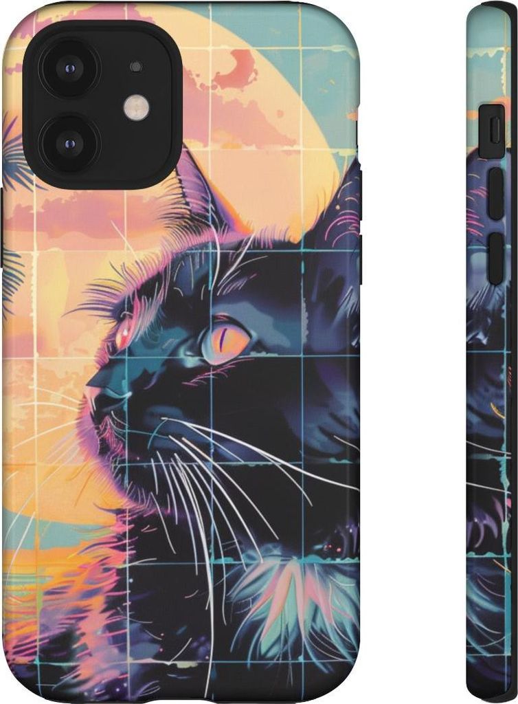 Lofi-Vaporwave-Katze vor Sonnenuntergang und Palmen – Hülle Kompatibel mit iPhone 12