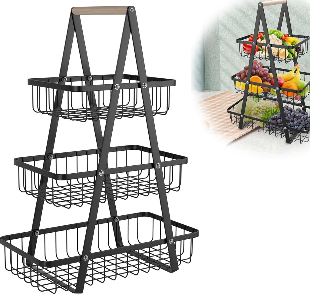 Étagère à Fruits 3 Niveaux et Support de Saladier pour Cuisine Moderne Noir