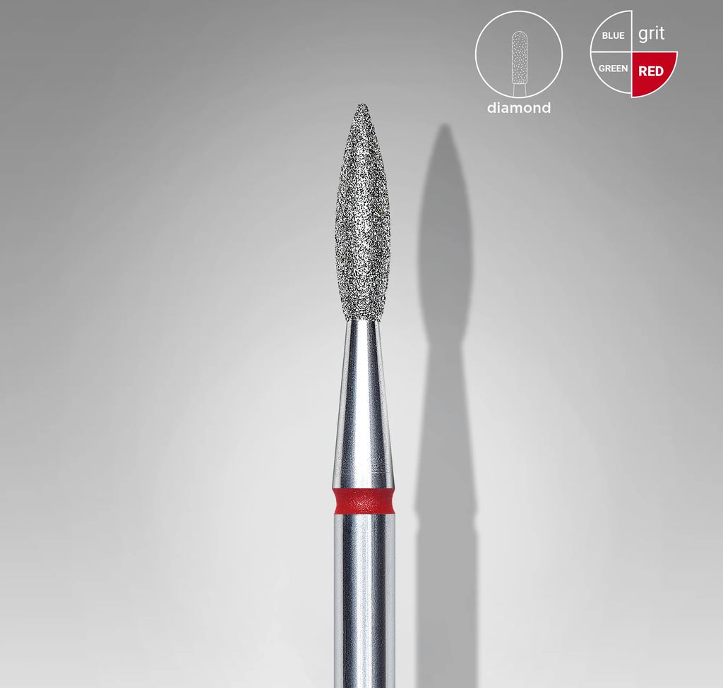 A close-up studio shot of a diamond-coated dental burr with a red band, set against a gradient gray background.