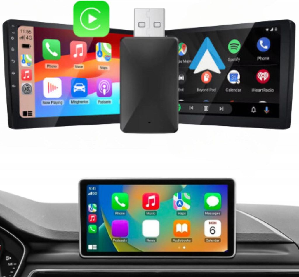 Collage showing a wireless CarPlay USB adapter with two car infotainment screens displaying app interfaces, and a third screen integrated into a car dashboard.