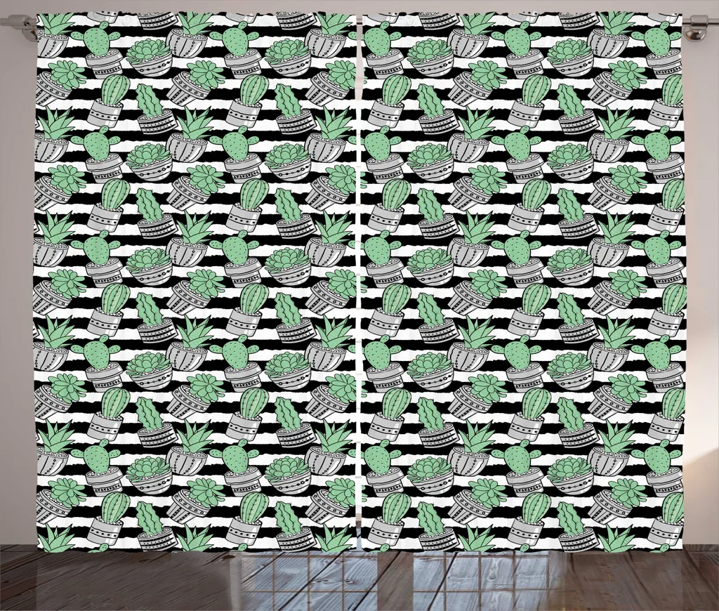 Rideau Motif Cactus Vert Amande Grande Largeur 280x225 cm avec Attaches