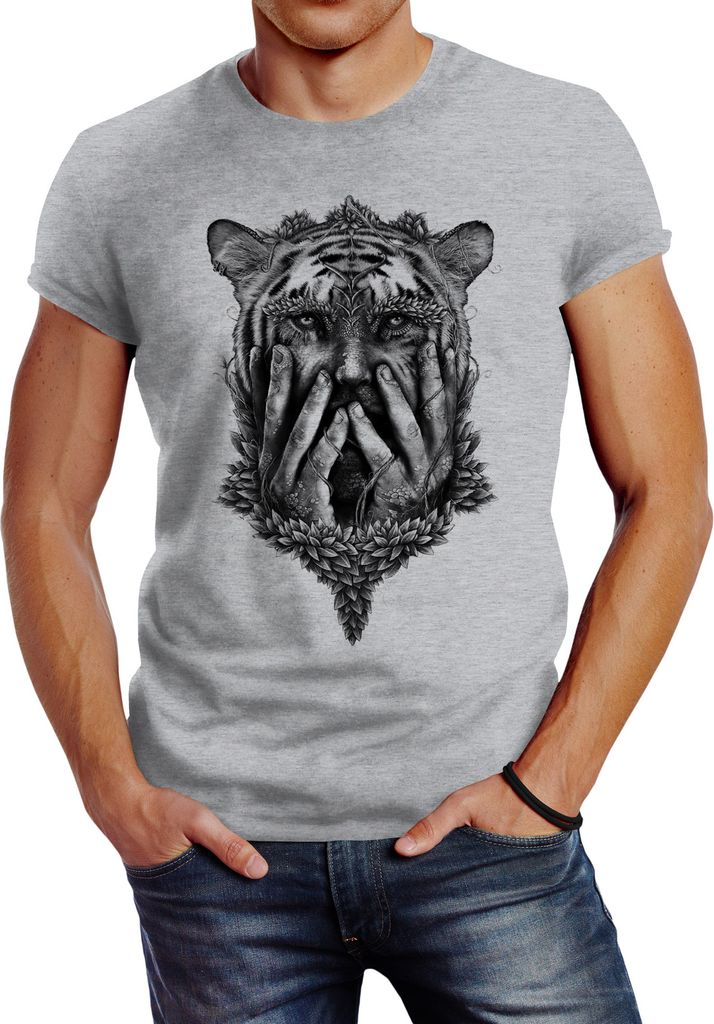 Herren T-Shirt Tiger Face Slim Fit Neverless grau XS