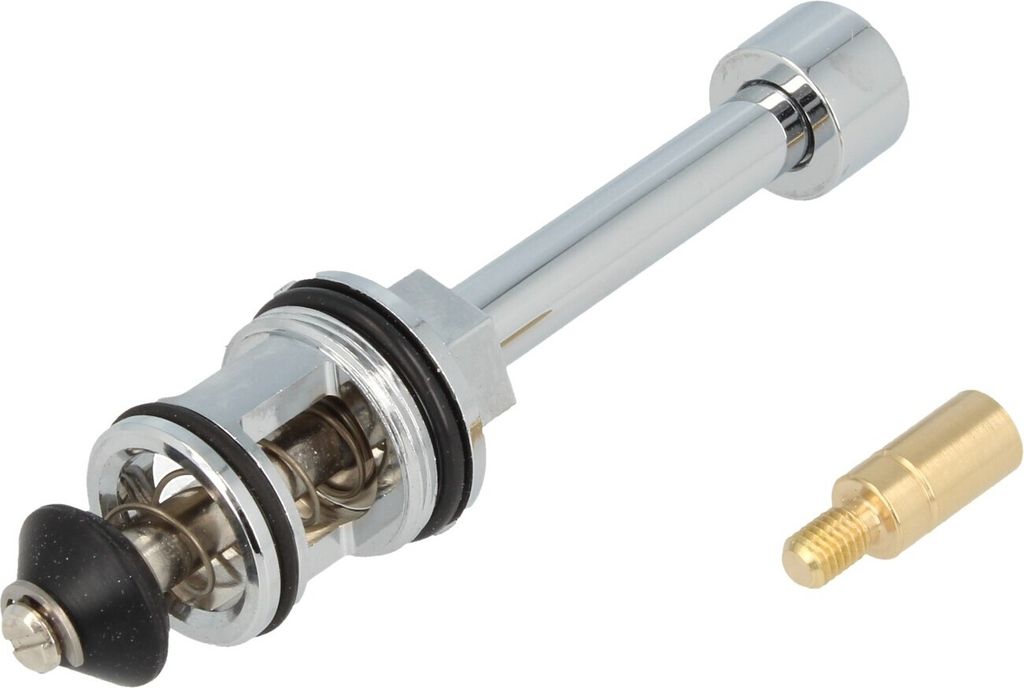 A close-up studio shot of a plumbing valve component and a small brass adapter against a white background.