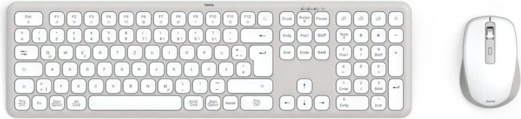 A white wireless keyboard and mouse set on a white background.