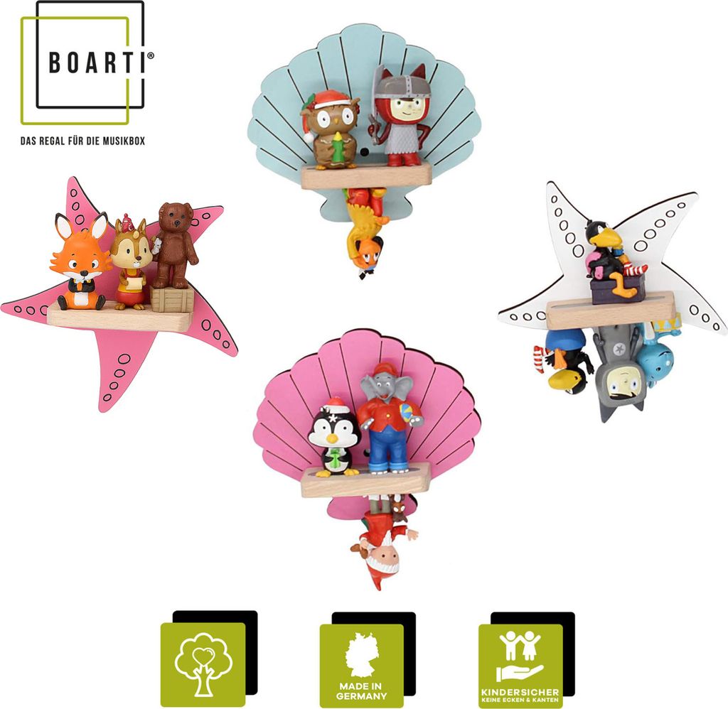 BOARTI Kinderregal Muschel | hängend für Toniebox und Tonie Figuren | platzsparendes Regal | H. 31 x B. 34 x T. 19 cm | Wandregal Musikbox und Fi...