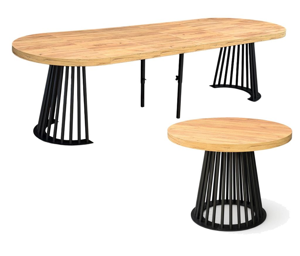XL Esstisch Rund Ø110 cm ausziehbar bis 310 cm – Eiche Craft & Schwarz – Lamellen-Design – Metallgestell