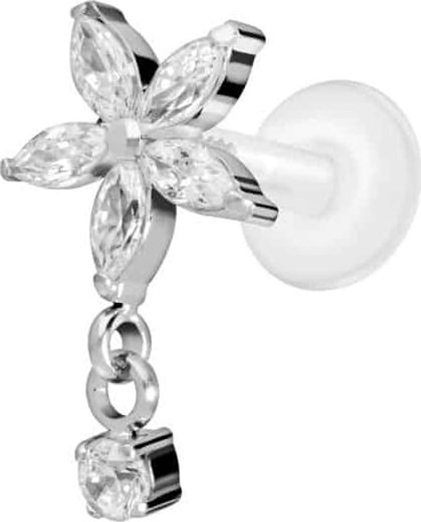 Ohrpiercing, Nasenpiercing PTFE Labret mit Innengewinde + Titan-Aufsatz KRISTALLBLUME + KRISTALL Silber Stablänge: 6mm | Stabstärke: 1,2mm